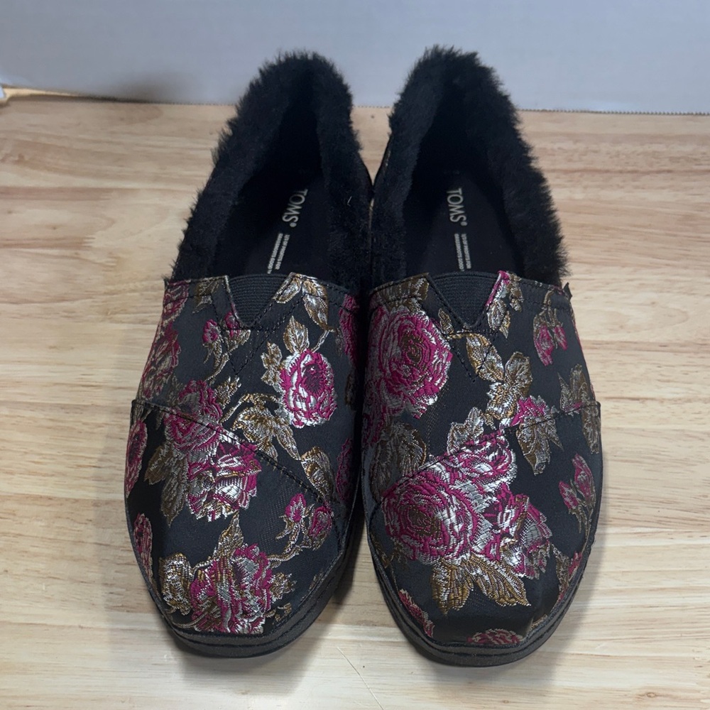 TOMS Black Slip-On Flats with Pink and Gold Floral Embroidery